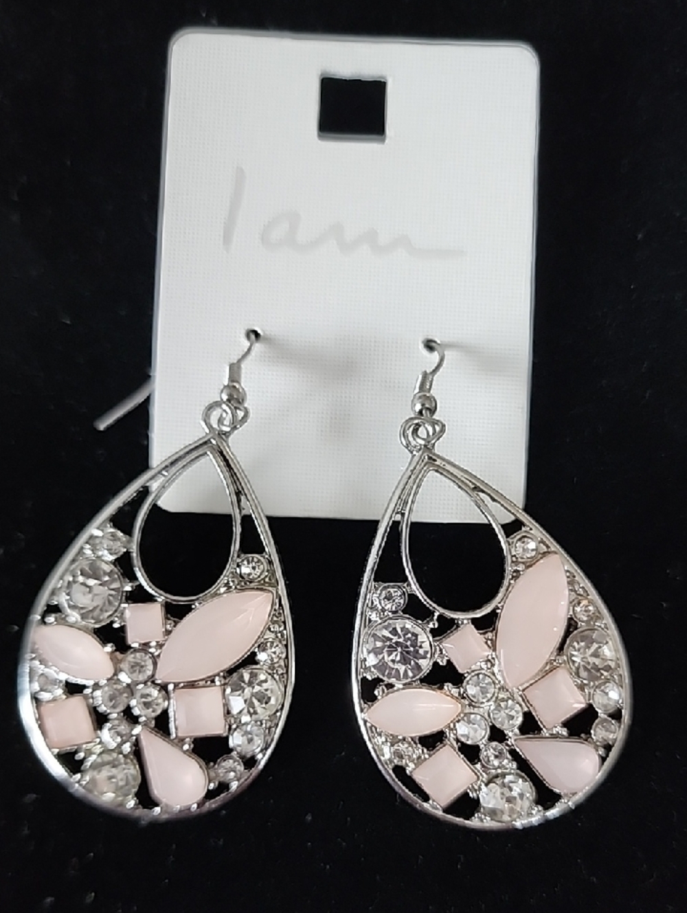 Silver-Tone Teardrop Earrings with Soft Pink Accents